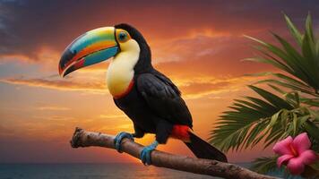 A colorful toucan perched on a branch against a vibrant sunset backdrop. photo