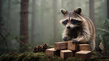 A raccoon interacts with wooden blocks in a misty forest setting. photo