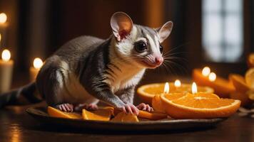A sugar glider on a plate with orange slices and candles, creating a cozy atmosphere. photo