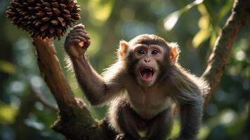 A playful monkey on a tree branch, expressing excitement in a lush, green environment. photo