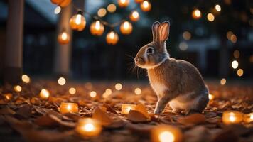 A serene rabbit surrounded by glowing lights and autumn leaves at dusk. photo