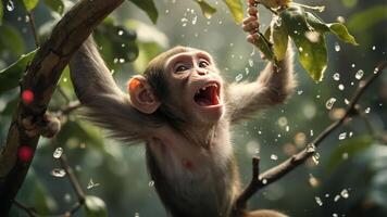 A playful monkey hanging from a branch, enjoying its surroundings in a vibrant, natural setting. photo