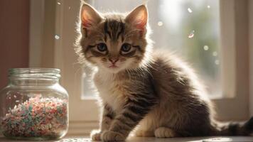A fluffy kitten sitting beside a jar of colorful sprinkles in soft natural light. photo