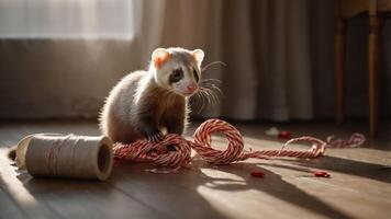 A playful ferret interacts with a tangled rope on a wooden floor near a sunny window. photo