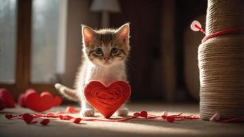 A cute kitten holds a red heart, surrounded by heart-shaped decorations, evoking love. photo