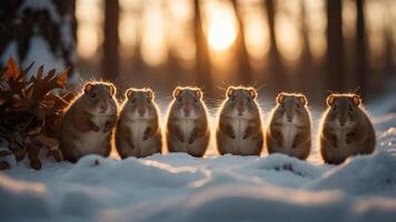 A group of seven guinea pigs standing in the snow during sunset, creating a charming scene. photo