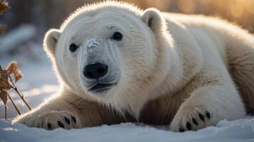 A close-up of a polar bear resting in the snow, showcasing its fur and serene expression. photo