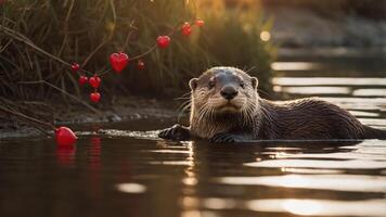 An otter swims in a serene setting, surrounded by heart-shaped decorations. photo