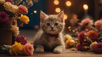 A cute kitten surrounded by colorful flowers, creating a warm and inviting atmosphere. photo