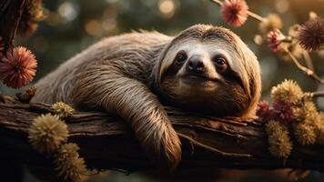 A close-up of a sloth resting on a branch surrounded by flowers. photo