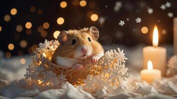 A cute hamster nestled in a decorative nest with candles and soft lighting. photo