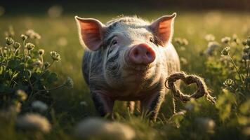 A playful pig stands in a grassy field with a heart-shaped rope nearby. photo