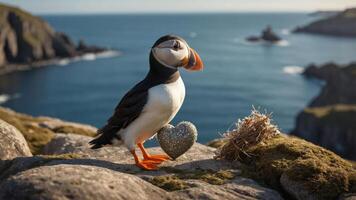 A puffin stands on a rocky ledge by the sea, holding a glittery heart near its nest. photo