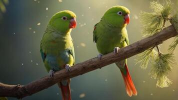 Two vibrant green parrots perched on a branch in a serene, natural setting. photo