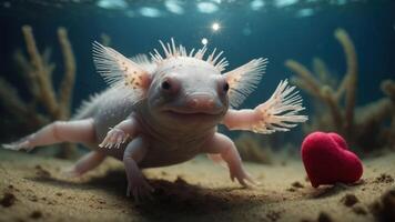 A cute axolotl swimming in water near a small heart-shaped object on the sandy bottom. photo