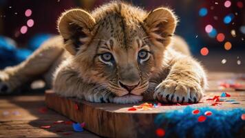 A playful lion cub resting on a wooden surface surrounded by colorful confetti. photo