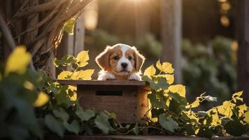 A puppy rests on a wooden box surrounded by greenery, illuminated by warm sunlight. photo