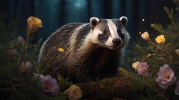 A badger amidst flowers and foliage in a serene forest setting. photo