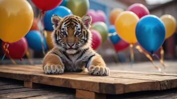 A playful tiger cub rests on a wooden platform surrounded by colorful balloons. photo