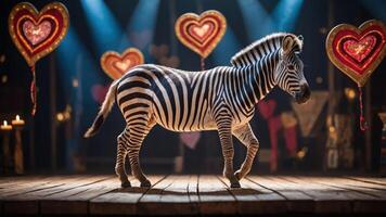 A zebra walks on a stage decorated with heart-shaped balloons in a circus-like setting. photo
