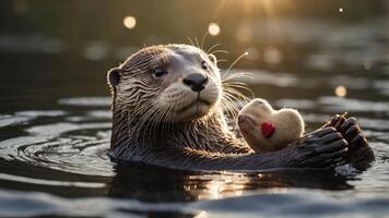 An otter holds a heart-shaped stone, symbolizing love and connection in a serene water setting. photo