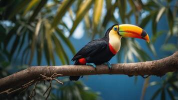 A colorful toucan perched on a branch amidst lush greenery. photo