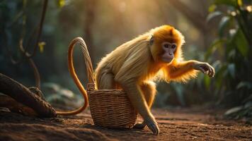 A golden monkey sitting in a wicker basket in a serene forest setting. photo