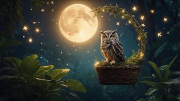 An owl perched in a glowing basket under a full moon surrounded by stars in a lush jungle. photo