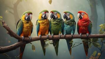 Five colorful parrots perched on a branch in a serene, natural setting. photo