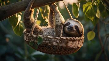 A sloth relaxing in a woven basket, surrounded by lush greenery and soft sunlight. photo