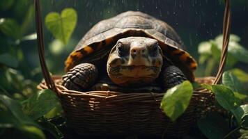 A turtle resting in a woven basket surrounded by greenery and gentle rain. photo