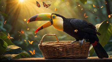A toucan perched beside a basket, surrounded by butterflies in a sunlit tropical setting. photo