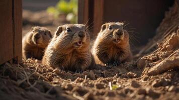 Three adorable animals with expressive faces emerging from a burrow in a natural setting. photo