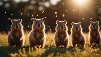 Five adorable animals standing in a sunlit field with a magical atmosphere. photo