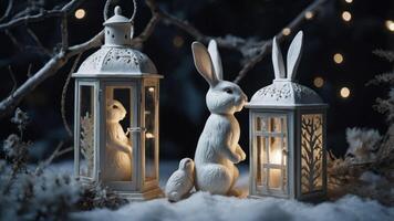 A serene winter scene featuring white rabbit figurines and lanterns in a snowy setting. photo
