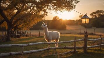 A serene sunset scene featuring a llama near a rustic fence and lantern. photo