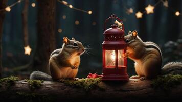 Two chipmunks interact with a glowing lantern in a forest setting adorned with stars. photo