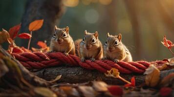 Three chipmunks perched on a rope amidst autumn leaves in a forest setting. photo