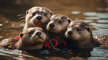 A group of four otters playfully interacting in a serene water setting. photo