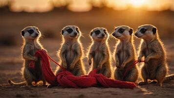 A group of meerkats playfully interacting with a red rope at sunset. photo