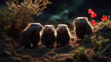 Four small animals standing together in a dimly lit environment with plants in the background. photo