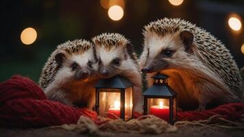 Three hedgehogs beside lanterns on a cozy backdrop, creating a warm atmosphere. photo