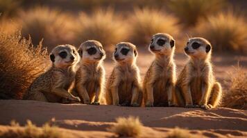 A group of five meerkats sitting together in a desert landscape. photo