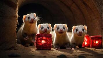 Four playful ferrets in a cozy tunnel with glowing lanterns. photo