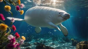 A serene underwater scene featuring a manatee swimming gracefully among colorful flowers. photo