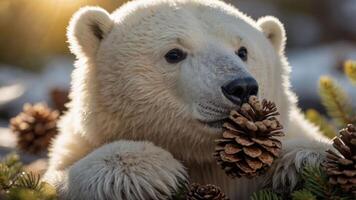 A polar bear curiously holds a pine cone amid a natural, sunlit environment. photo