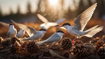 A flock of terns with pine cones, illuminated by sunlight in a natural setting. photo