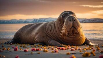 A walrus resting on a beach surrounded by colorful flowers at sunset. photo