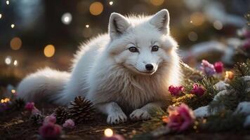 A serene arctic fox surrounded by flowers and pinecones in a dreamy, enchanted forest setting. photo