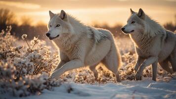 Two white wolves running through a snowy landscape at sunset. photo